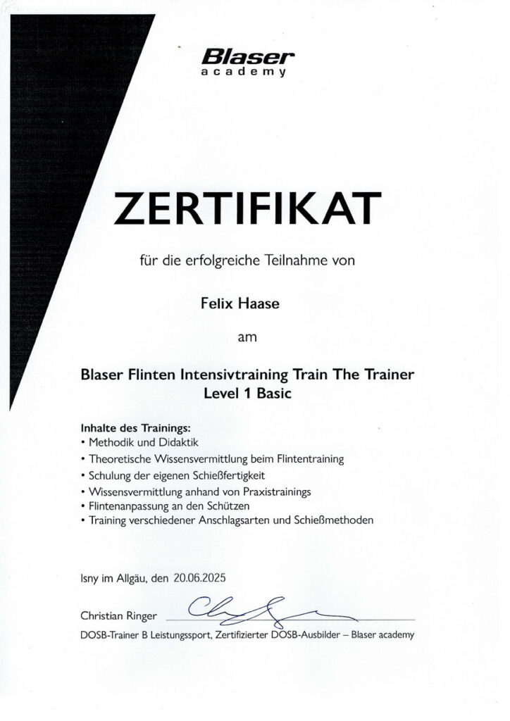 Zertifikat Blaser Flinten Intensivtraining „Train The Trainer“ Level 1 Basic von Felix Haase