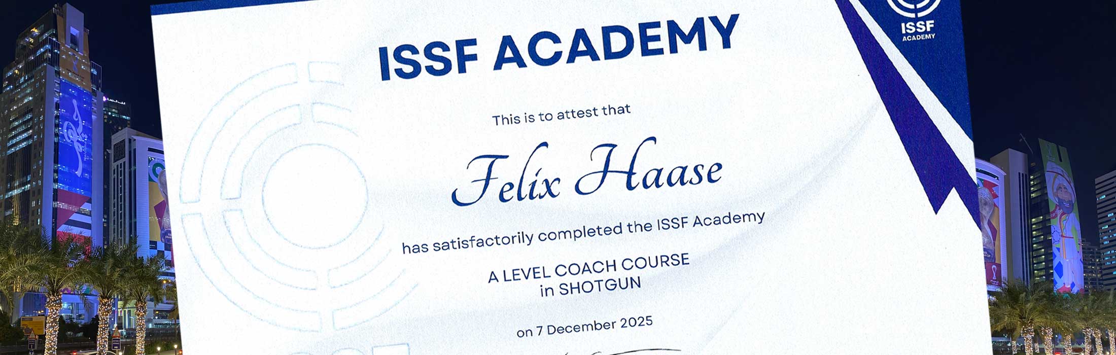 Ausschnitt vom Zertifikat der ISSF ACADEMY zum A LEVEL COACH fรผr Felix Haase